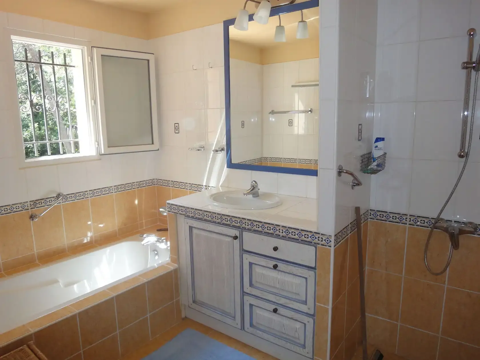 Badkamer met ligbad, wastafel en aparte douche